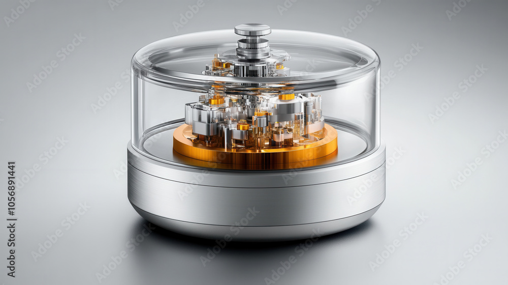 Poster modern, transparent device with intricate components and metallic base, showcasing advanced technolo