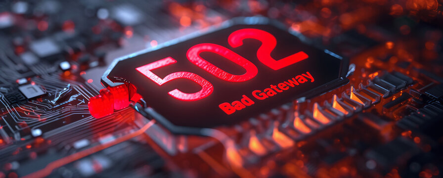 Futuristic digital circuit board displaying 502 Bad Gateway error message in red, symbolizing technology and connectivity issues. glowing elements create striking visual