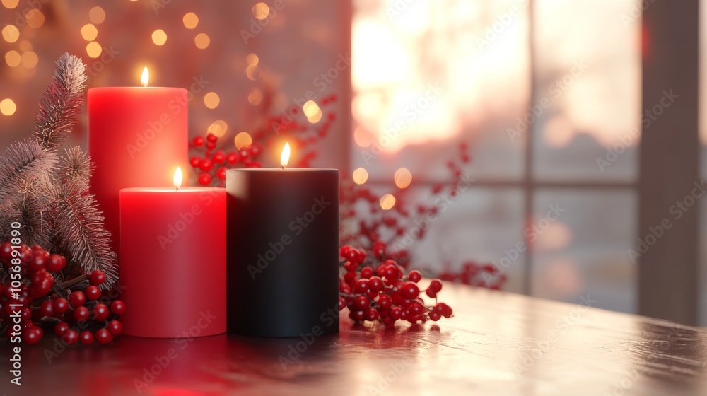 Poster lit candles and red berries on a wooden table with a window in the background