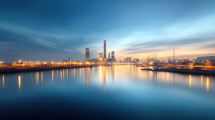 Naklejka premium serene view of city skyline at dusk, reflecting on calm waters, showcasing industrial structures and vibrant lights