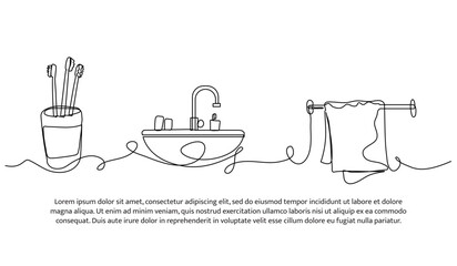 Continuous one line design of bathroom. Minimalist style vector illustration on white background.