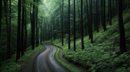 Obraz premium Winding path through a dense forest with tall trees and lush green ferns under a canopy of leaves, creating a serene and tranquil natural atmosphere.