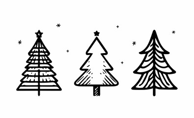 Set of Christmas trees, black and white illustration