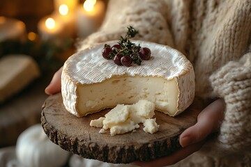 A rustic scene with hands holding a wooden board with brie cheese