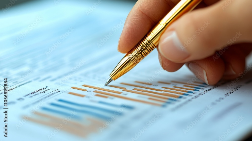 Poster close-up of a hand pointing at a bar graph with a gold pen