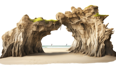 Natural rock formation along sandy beach on transparent background 