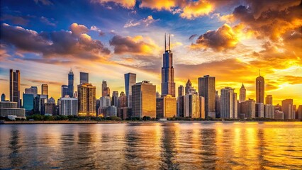 Fototapeta premium Panoramic view of Chicago cityscape at dusk with golden sunset hues , Chicago, cityscape, dusk, sunset
