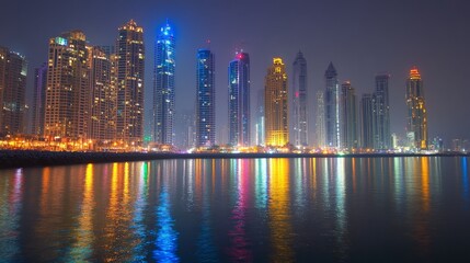 Fototapeta premium Modern City Skyline at Night with Illuminated Buildings