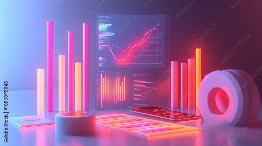 Poster neon geometric abstract with data visualization and smartphone