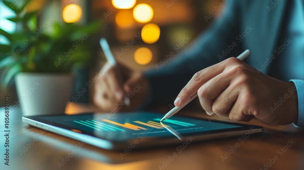 Poster a person using a stylus to analyze a bar graph on a tablet