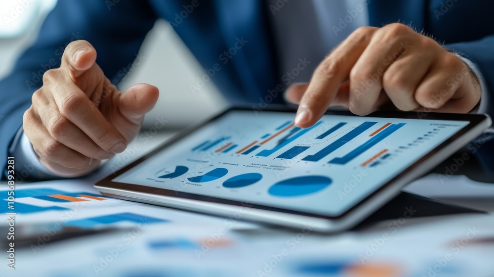 Poster a close-up of a person analyzing data on a tablet