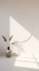 A vase with dried branches in a minimalistic white interior.