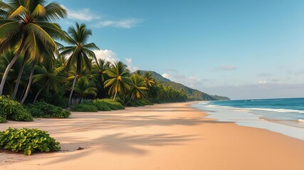 Obraz premium Lush palm trees and wild vines frame a secluded stretch of golden sand along the untamed shore of a tropical paradise, beach, landscape
