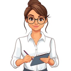 Cartoon employee holding a pen and taking notes, looking professional on a white background.