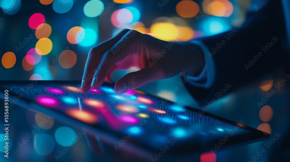 Poster hand interacting with a tablet screen with a bokeh background