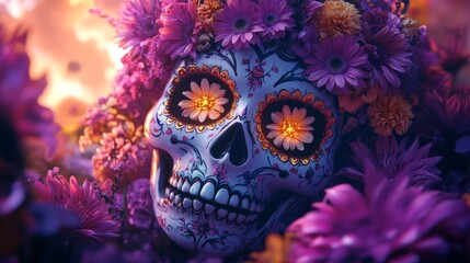 Naklejka premium Day of the Dead skull with flowers and colorful geometric designs, symbolizing Mexican heritage