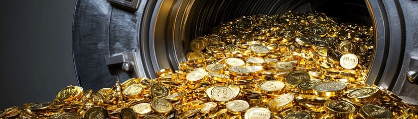 Elegant image of gold bullion laid out in a display of wealth and financial security, bank vault background, strong lighting contrast