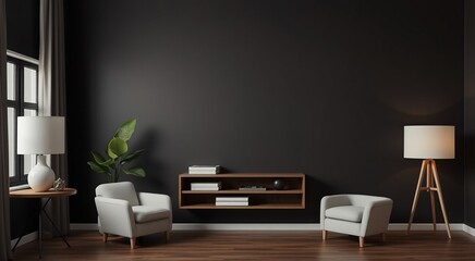 Two armchairs face each other in a modern living room with a black wall, a wooden shelf, and a floor lamp.