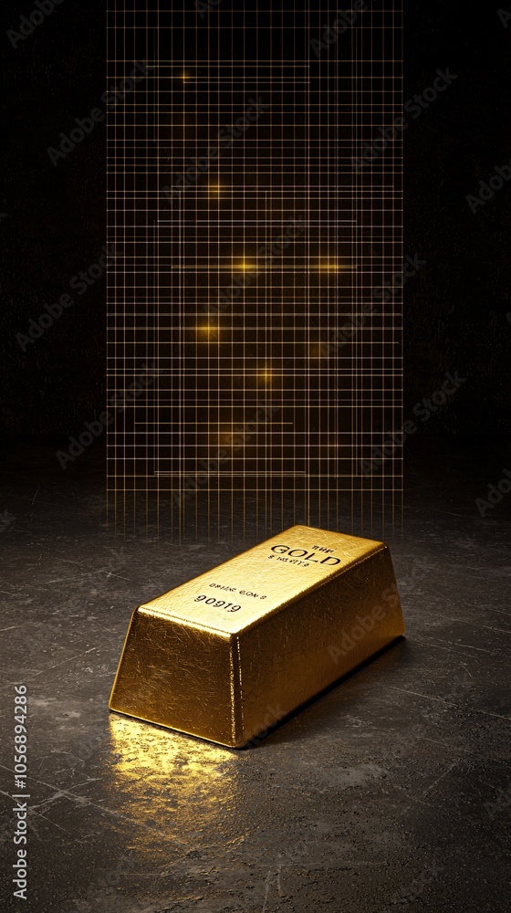 Poster close-up of a single gold bar with a financial document showing risk and returns in the background, 