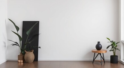 Minimalist living room interior with wooden table, vase, plants, and empty black frame.