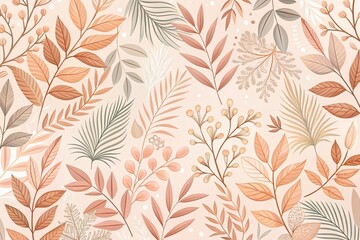 Nature-inspired wallpaper featuring soft pink and peach hues with organic shapes and patterns of leaves and branches, branch motifs, leaf patterns