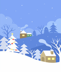 Snowy winter hill landscape illustration with house