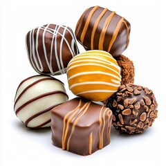 A photostock of sweet chocolate truffles on a white background, indulgent and rich.