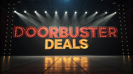 Illuminated sign for doorbuster deals in a theater setting with dramatic lighting.
