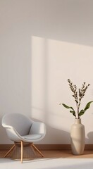 White armchair with wooden base on a light rug in a minimalist living room interior.