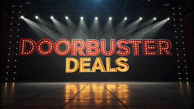 Illuminated sign for doorbuster deals in a theater setting with dramatic lighting.