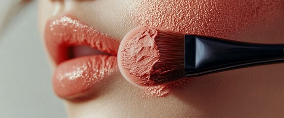 Closeup of a woman applying blush with a makeup brush.