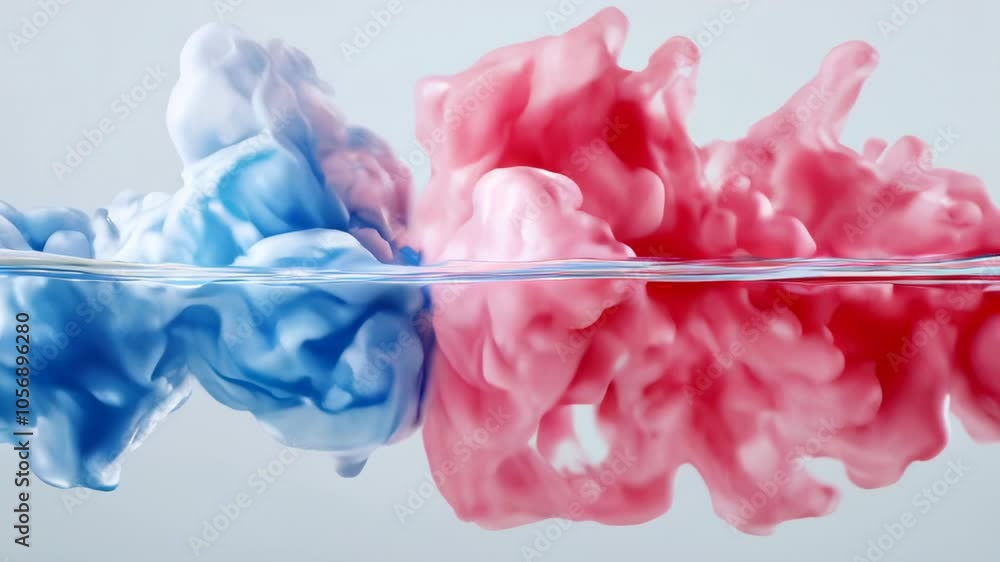 Poster red and blue ink clouds swirl and mix underwater, creating a mesmerizing and artistic fluid movement