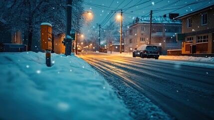 Snow-covered residential street at dusk with illuminated streetlights, parked car, and snow falling. Orange mailbox in the foreground and houses lining the road.