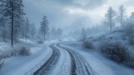 Obraz premium Serene winter landscape with a winding snow-covered road.