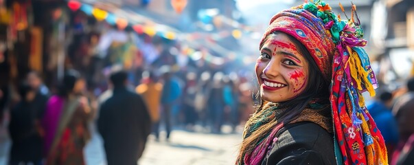 Smiling woman in colorful attire celebrates a vibrant street festival, surrounded by cheerful crowds and joyful decorations on a sunny day.