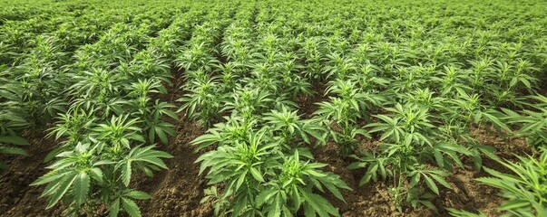 Vast green field of lush cannabis plants growing under natural sunlight, showcasing a thriving and healthy agricultural landscape.