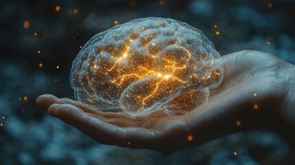 Hand holding an artificial intelligence brain, Digital hologram AI brain,