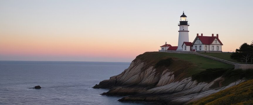 Majestic lighthouse overlooking ocean cliffs at sunset