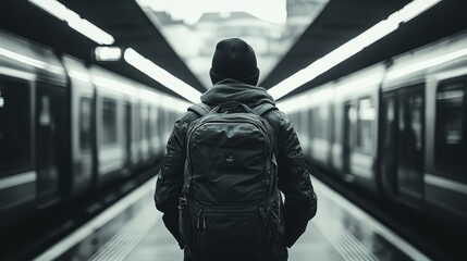 Naklejka premium a black-white full body, back view photo of a Backpacker of age 20-25 standing on a metro platform moving metro train on background. cinematic. highly detailed, high resolution for magazine.