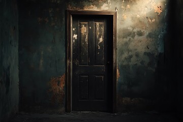 Moody dark room with an old wooden door. Texture peeling walls create an atmospheric setting perfect for mysterious or dramatic scenes.