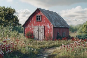 Obraz premium A classic American scene featuring an old red barn surrounded by a field of colorful wildflowers, suitable for use in rural-themed designs and projects