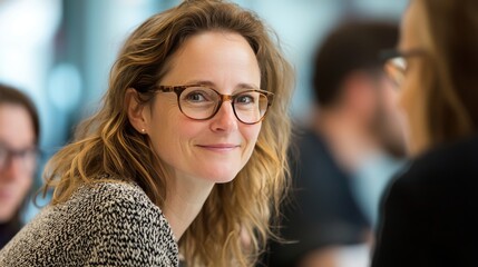 Empowering Expression: A photo of a leader looking over his head is taken in a modern, uncluttered room, surrounded by smiling colleagues in the foreground. Create a sense of open conversation