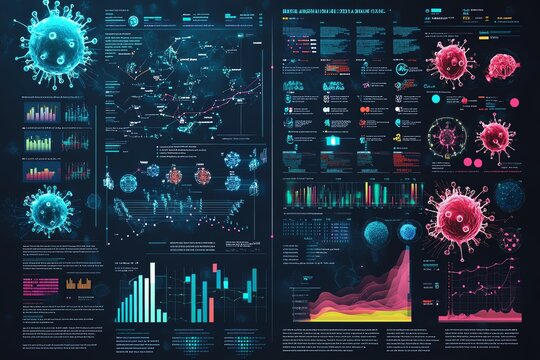 Visual representation of pandemic data analytics featuring graphs, charts, and virus illustrations for statistical insights.