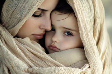 A mother tenderly holds her newborn baby swaddled in a blanket, capturing a moment of maternal love