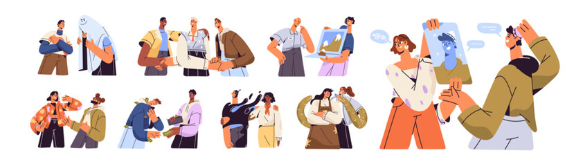 Concept of hypocrisy, dishonesty. Fake friends lie, pretend, cheating set. Liars hiding truth under mask of cunning emotions. Dishonest people, hypocrites. Flat isolated vector illustrations on white