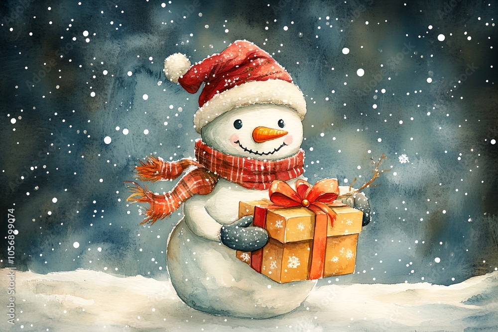 Poster a snowman holding a box with a red bow on it. the snowman is smiling and he is happy