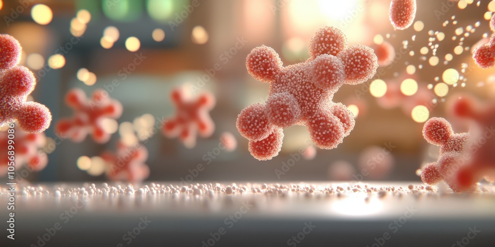 Poster abstract 3d render of swirling bacteria forms in red and white