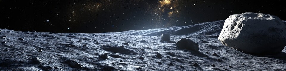 A rocky, barren landscape with a large rock in the foreground. The sky is dark and the stars are visible