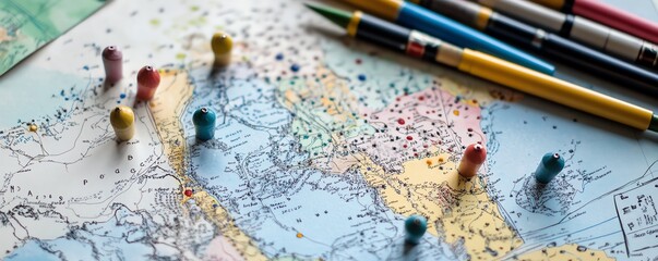 Naklejka premium Close-up of a world map with colorful push pins and pens, highlighting travel destinations and planning routes for exploration and adventure.