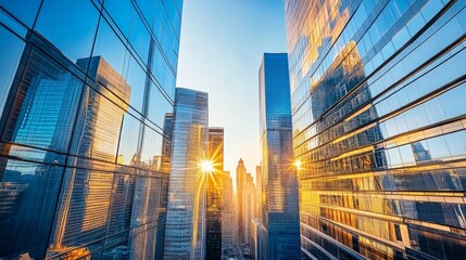 Fototapeta premium Panoramic Sunrise Over Office Park with Reflective Glass